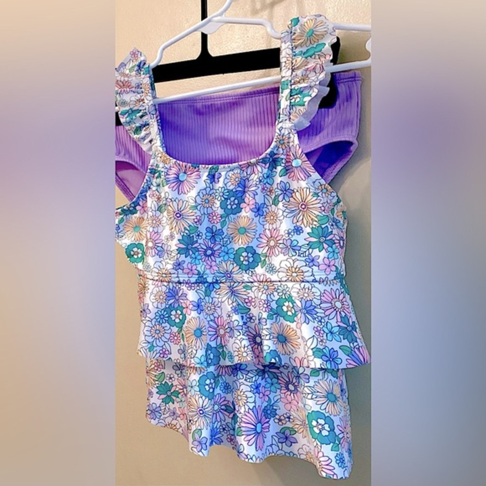 Wonder Nation Floral Kids Swim Set - Purple and Blue